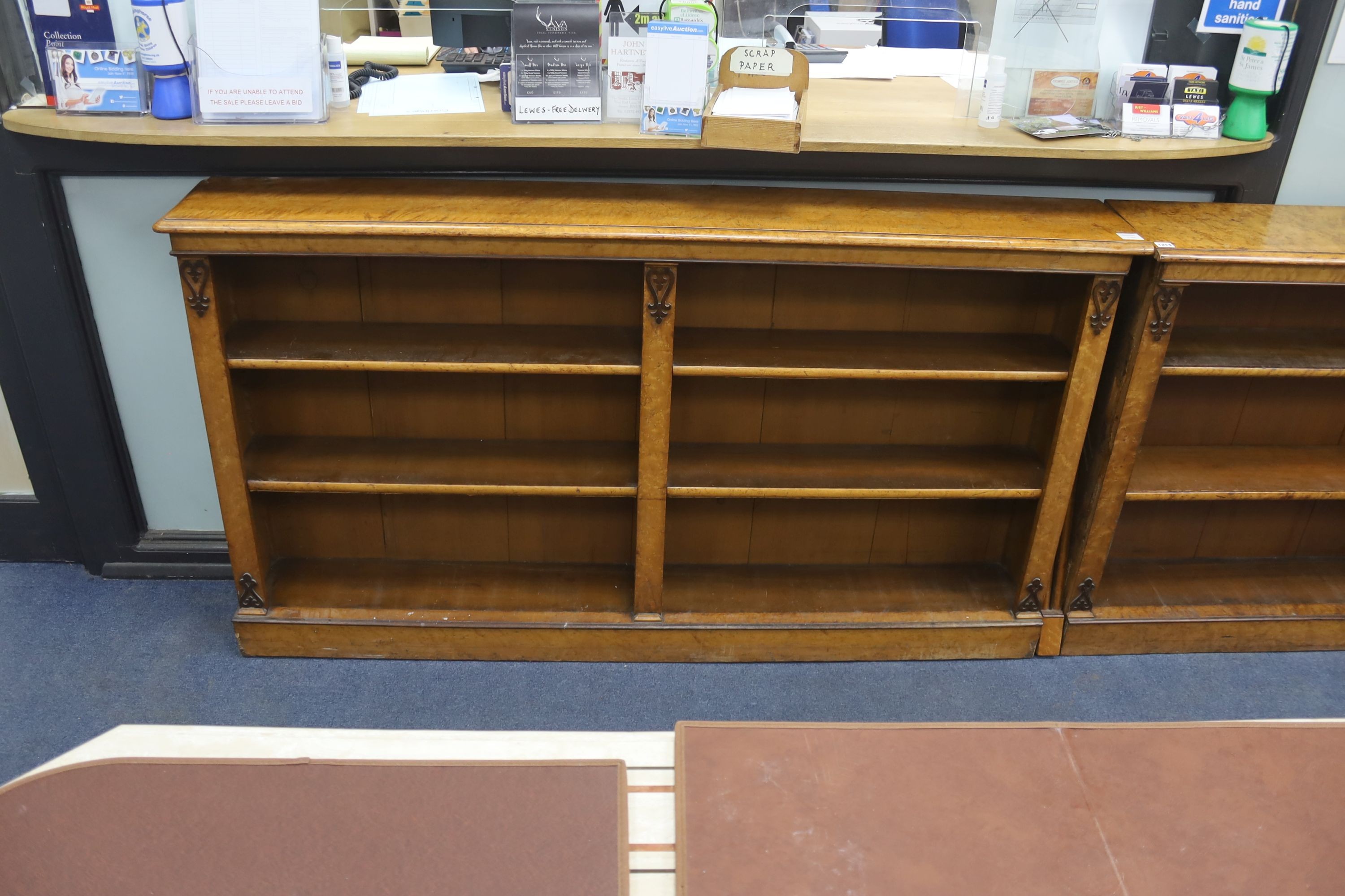 A Victorian two sectional (converted) bird's eye maple open bookcase, length 268cm, depth 27cm, height 94cm